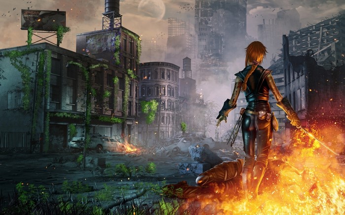 Woman with sword in post-apocalyptic city