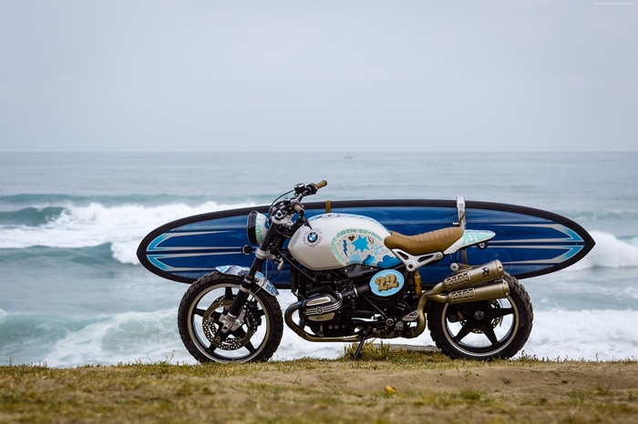 BMW R nineT custom motorcycle with surfboard