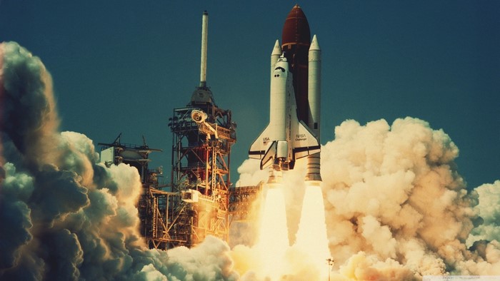 Space Shuttle Launch with Rocket and Smoke