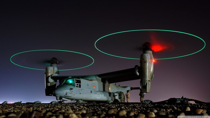 US military V-22 Osprey aircraft at night