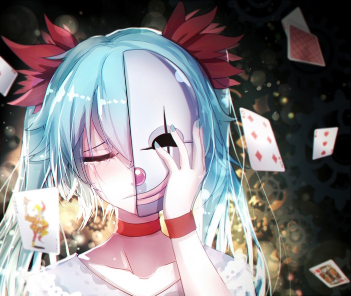 Anime girl with mask and playing cards