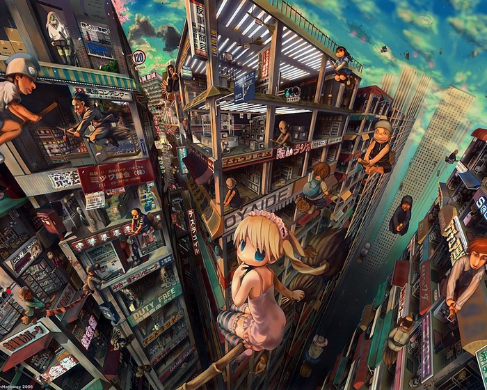 Anime Metropolis with People on Buildings