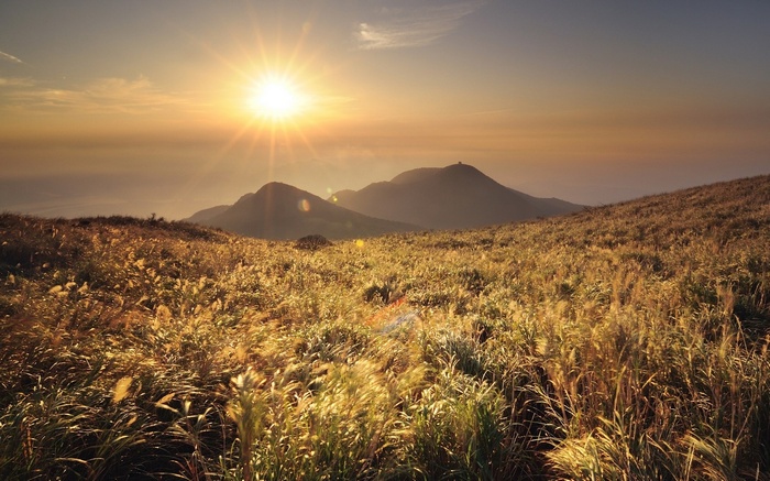Golden sunset over a grassy mountain landscape