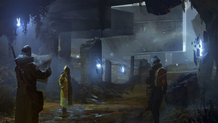 Science fiction characters exploring ancient ruins with glowing artifacts