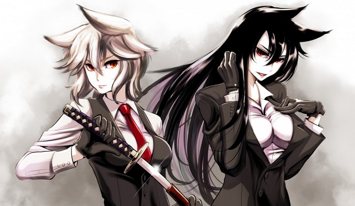 Two anime girls in suits with swords