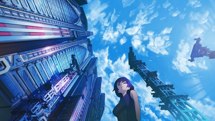 Anime girl looking up at futuristic city and sky