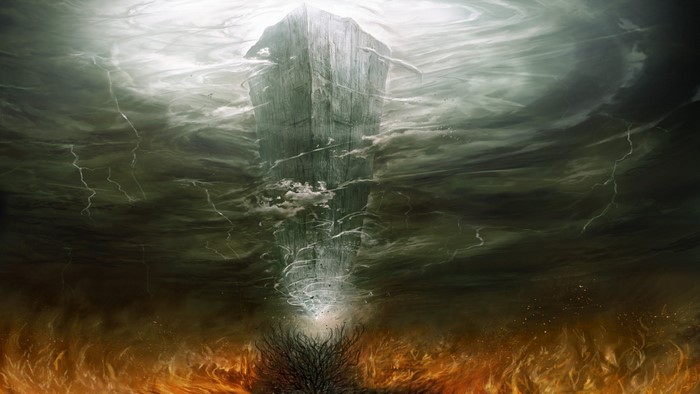 Tower in a storm with fire below
