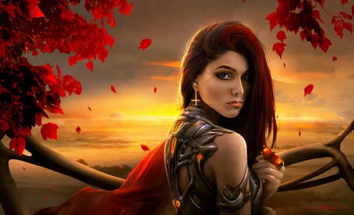 Fantasy art of a woman with red leaves