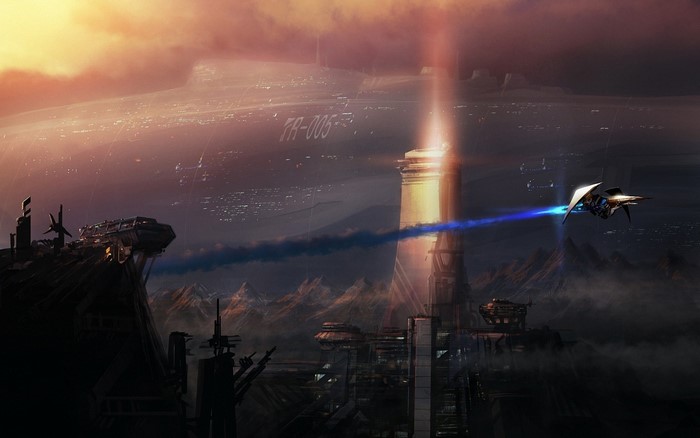 Science fiction city with spaceship and large structure