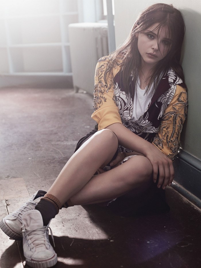 Chlo Grace Moretz Sitting in Stylish Dress and Sneakers