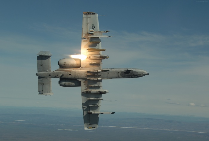 A-10 Thunderbolt II aircraft firing its cannon