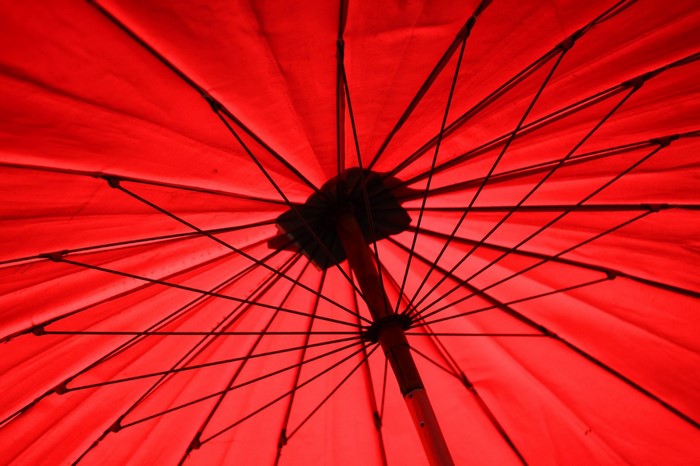Inside a red umbrella