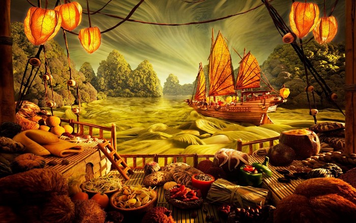 Fantasy sailing ship on a wavy river with food and lanterns
