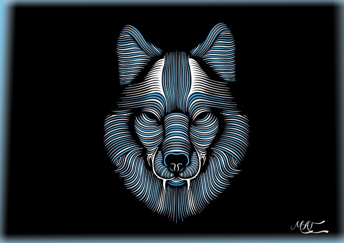 Stylized wolf head illustration with blue and white lines