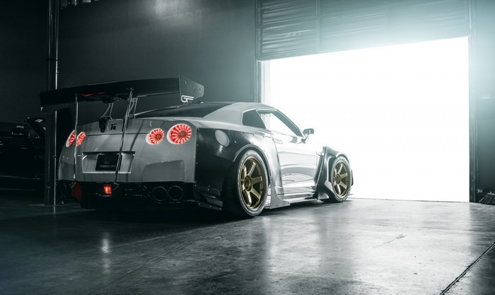 Nissan GT R R35 sports car in a garage