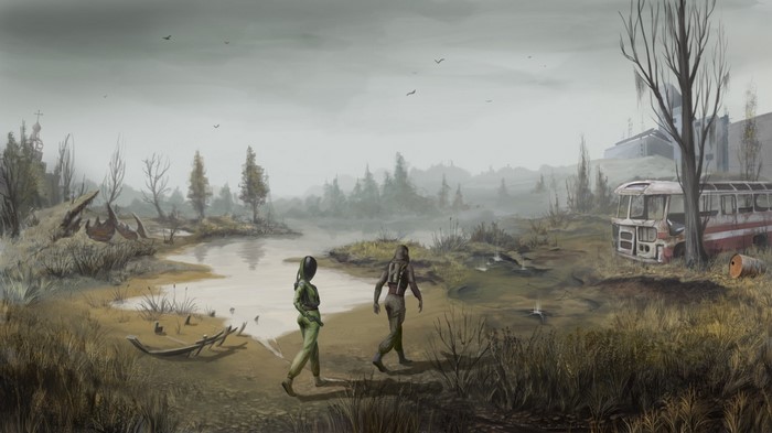 Two figures in a misty, post-apocalyptic wetland with a ruined bus