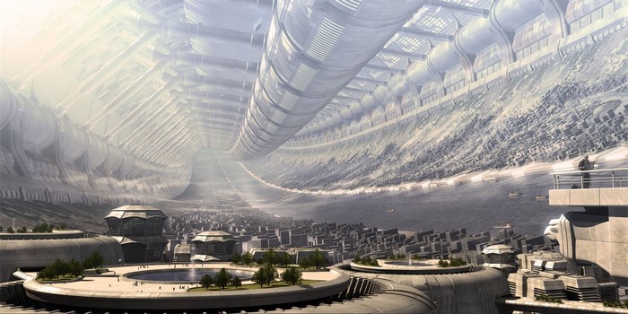 Science fiction cityscape inside a Stanford torus space station