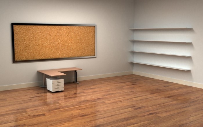 Office room with corkboard, desk, and shelves