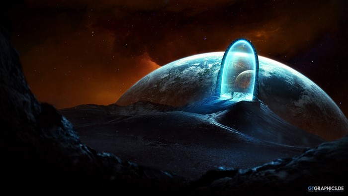 Sci-fi portal on a desolate planet with a large planet in the background