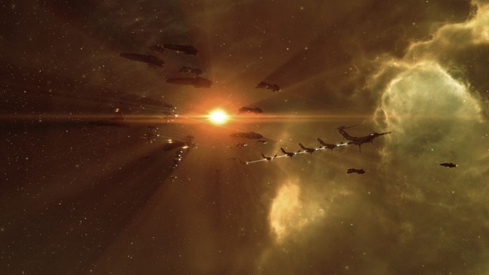 Spaceships in space near a bright sun and nebula