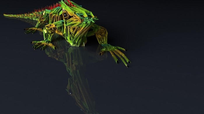 3D rendered green iguana with geometric design