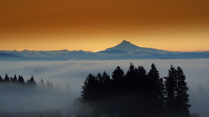 Mountain peak emerging from fog at sunrise