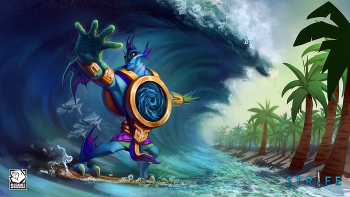 A water creature from Strife surfing a wave