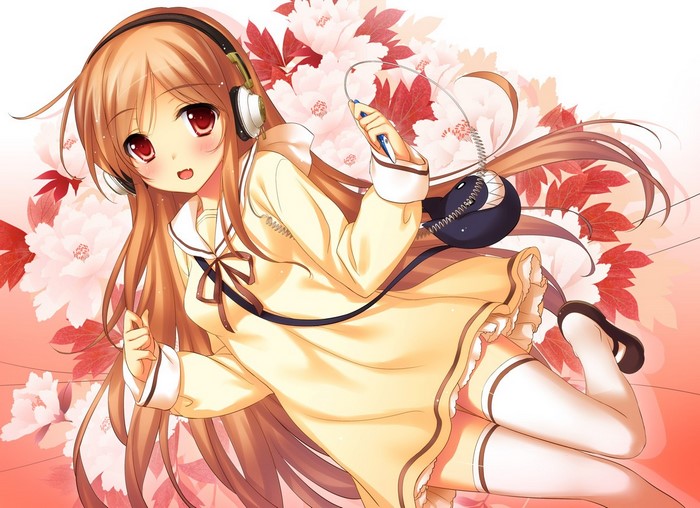 Anime girl with headphones and flowers