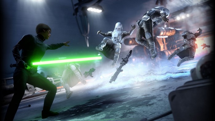 Luke Skywalker fighting Stormtroopers in Star Wars Battlefront
