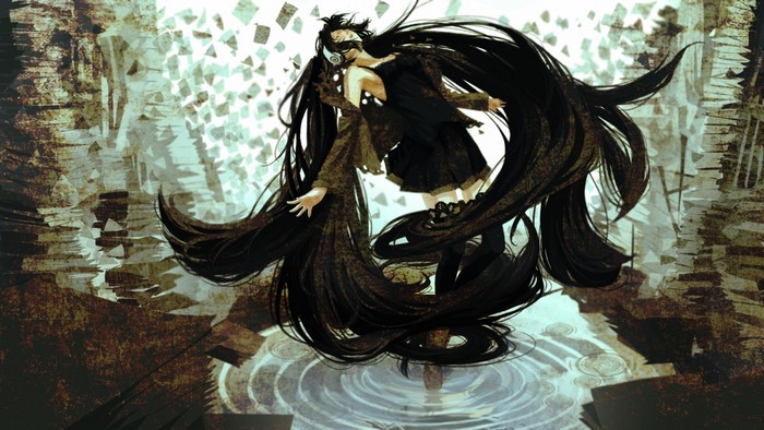 Vocaloid character with long black hair and headphones