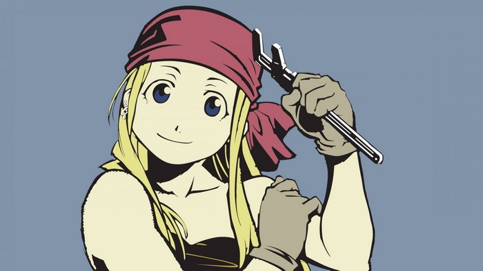 Winry Rockbell from Fullmetal Alchemist holding a wrench