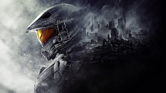 Master Chief from Halo 5 overlooking a destroyed city
