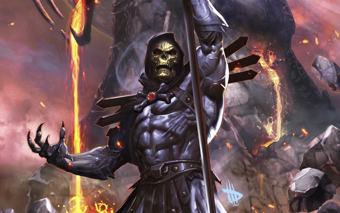 Skeletor from Masters of the Universe in a volcanic landscape