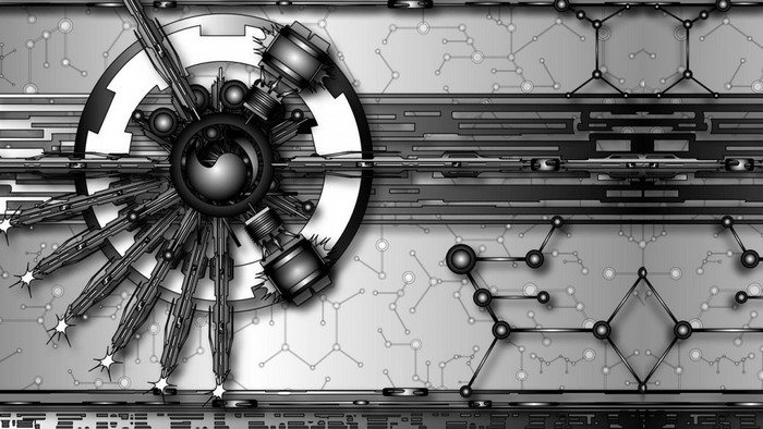 Monochrome abstract mechanical render with circuit board pattern