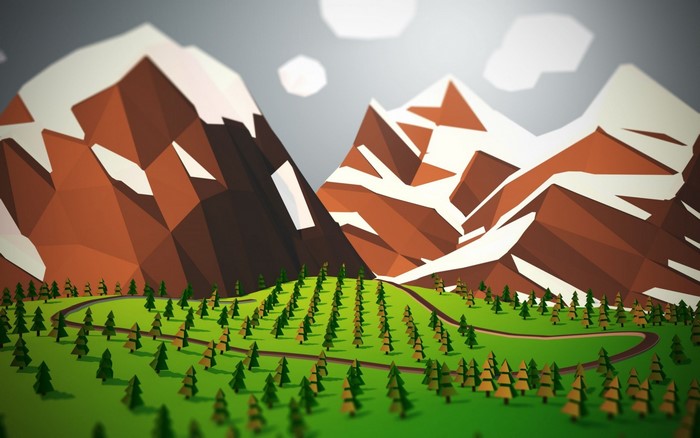 Low poly landscape with mountains and trees