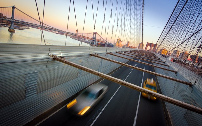 Brooklyn Bridge at Sunset with Traffic