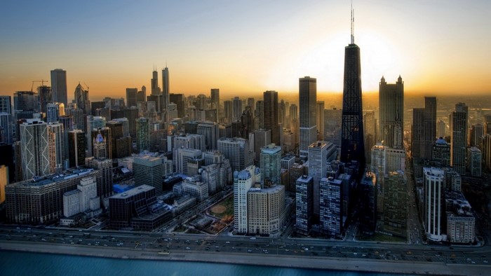 Chicago cityscape at sunset with John Hancock Center