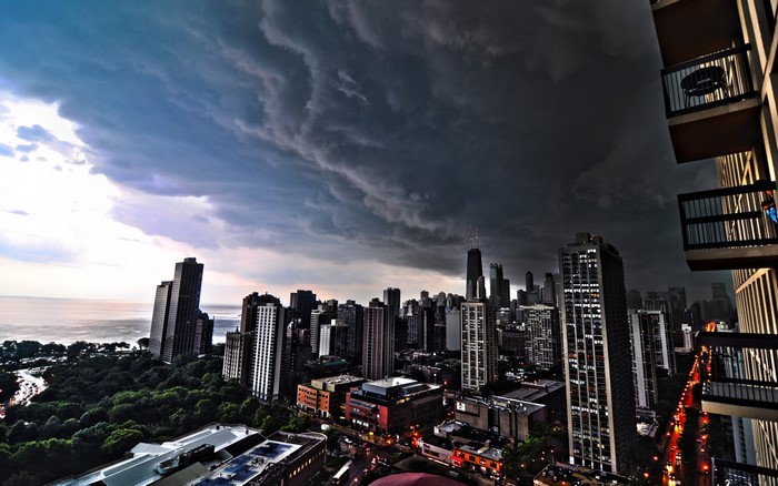Chicago cityscape with storm clouds over downtown