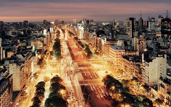 Aerial view of Buenos Aires at night with Obelisco
