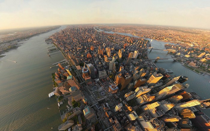 Aerial view of Manhattan, New York City skyline at sunset
