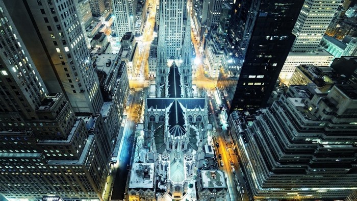 Aerial view of St. Patrick's Cathedral, New York City at night