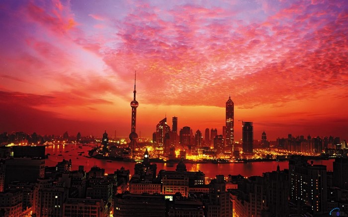Shanghai skyline at sunset with Oriental Pearl Tower