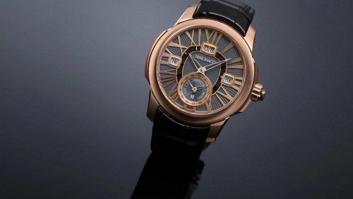 DeMonaco rose gold watch with black leather strap