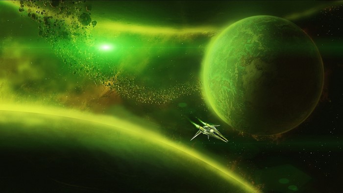 Spaceship near a green planet and asteroid belt