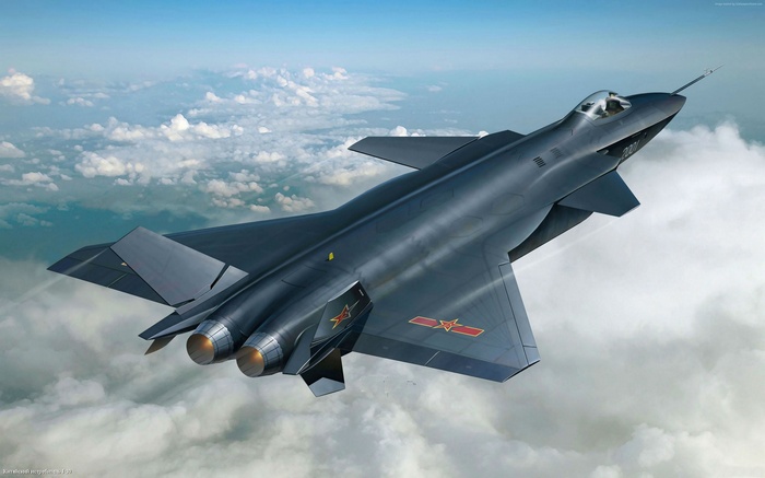 Shenyang J-20 fighter aircraft flying in clouds