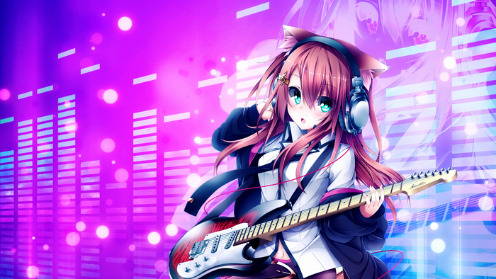 Anime girl with cat ears playing guitar