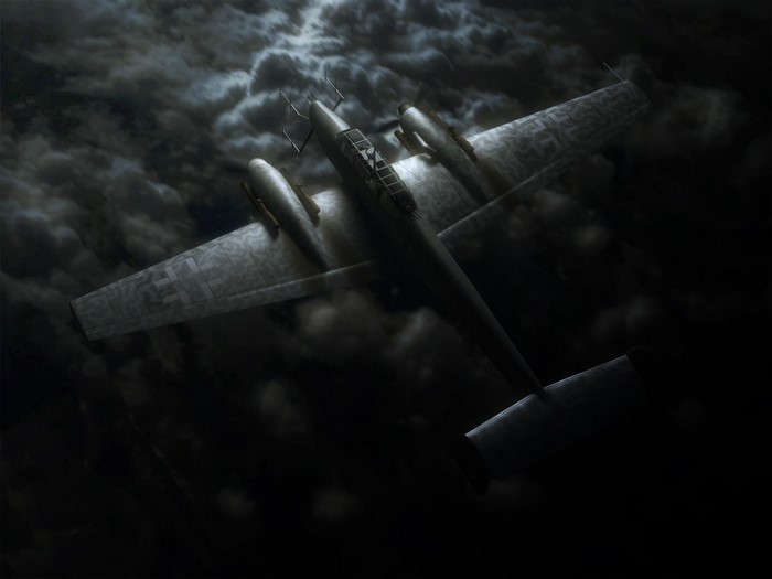 World War II aircraft flying through dark clouds