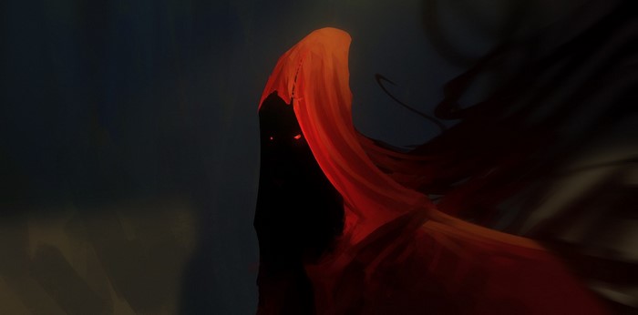 A hooded figure with glowing eyes in red cloth