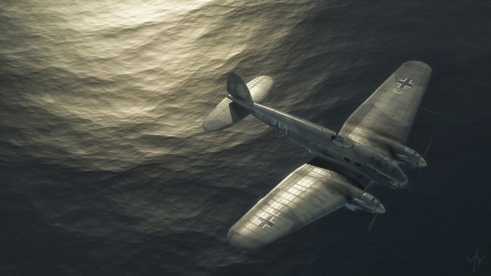 German He 111 bomber flying over the ocean