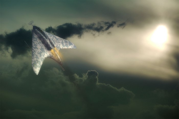 Horten Ho 229 flying through clouds at sunset